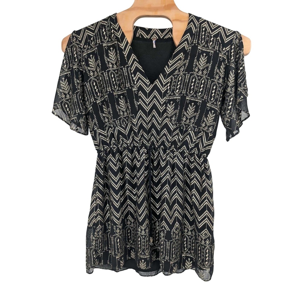 Free‎ People Love My Chaos Mini Dress Black Gold Foil Flutter Sleeve Size S